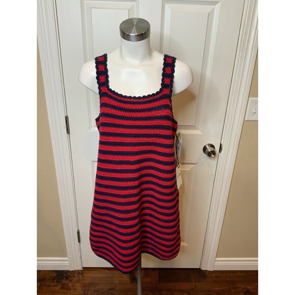 Re/Done Red & Navy Blue Striped 70s Crochet Tank Dress, Size L, NWT! $395 - Picture 2 of 8